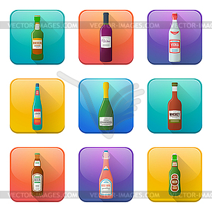 Glossy alcohol bottles icons set - vector clip art