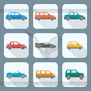 Цветные плоский стиль предлагать различные варианты кузова автомобилей - векторизованное изображение