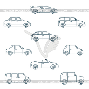 Dark outline various body types of cars icons - vector clipart