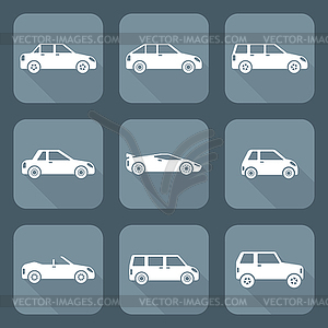 White flat style various body types of cars icons - vector clip art