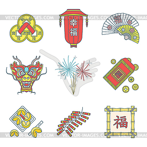 Colored outline chinese new year icons set - vector clip art