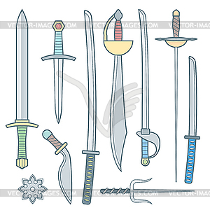 Cold weapons colored outline set - vector clipart