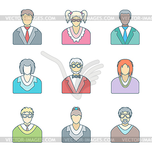 Various color outline people in glasses icons set - vector clipart