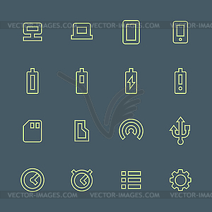 Green outline various device icons set - vector image