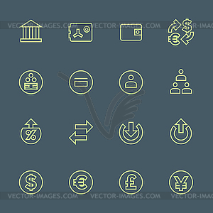 Набор зеленый контур различные финансово-банковской иконки - векторный клипарт
