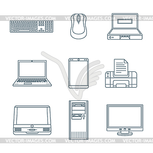 Dark outline computer gadgets icons - vector image