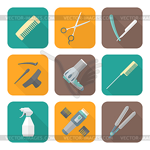 Hairdresser tools color flat style icons set - vector clip art