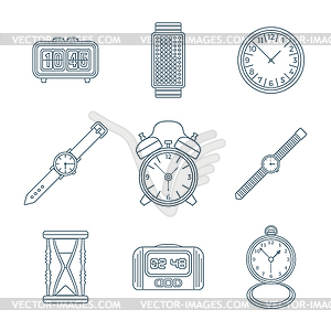 Dark outline various watches clocks icons set - vector image