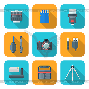 Color flat style square digital photography tools - vector clip art