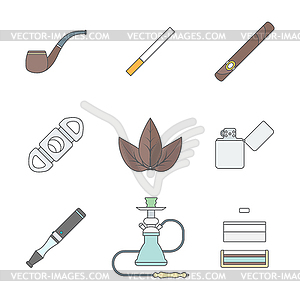 Цветные контурные различные табачные изделия инструменты иконы - векторная иллюстрация