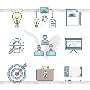 Colored outline creative business process icons set - vector image