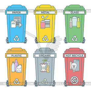 Colored outline separated garbage bins icons labels - vector image