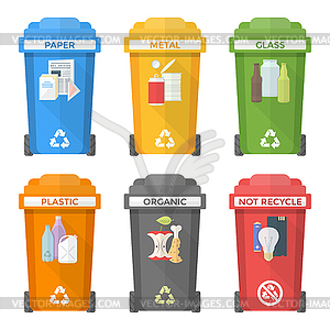 Flat style colorful separated garbage bins icons - vector clip art