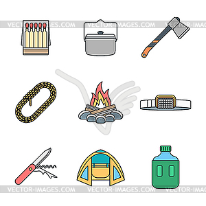 Colored outline various camping icons collection - vector image