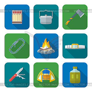 Flat style colored various camping icons collection - vector image