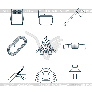 Dark colored outline various camping icons - vector clip art