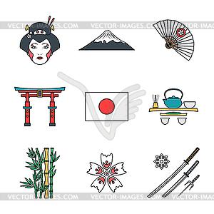 Colored outline various japan icons set - vector clipart