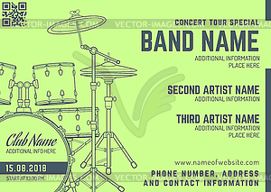 Rock music concert drum set horizontal music flyer - vector clip art