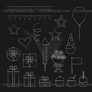 Chalk birthday party icons set - vector clip art