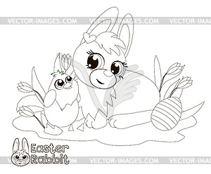 Easter Bunny and chick Coloring book  - vector image