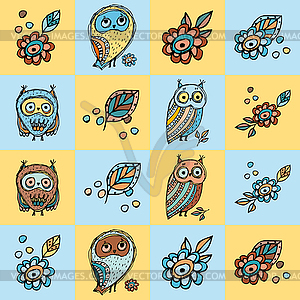 Patchwork background with owls and flowers - vector clip art