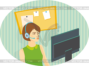 Girl operator in headphones looking at monitor - vector clip art