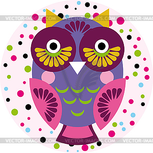 Owl on pink background in colored polka dots - vector image