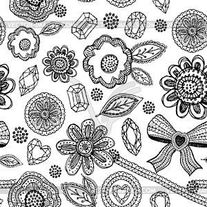 Seamless pattern with lace, diamonds, flowers, - vector clipart