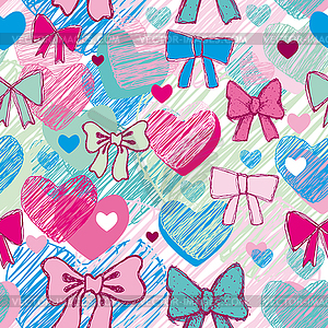 Seamless pattern with hearts and bows. pink, blue - vector clip art