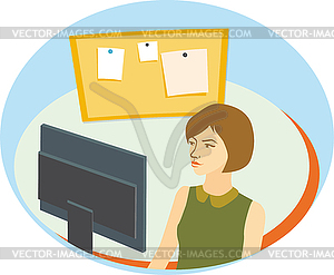 Pretty girl with short brown hair in front of - vector clipart