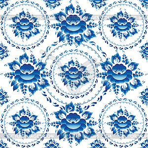 Gzhel Seamless ornament pattern with blue flowers - vector image