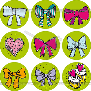 Set bow, heart, cupcake with black outline - vector clip art