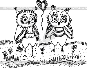 Owls, trees, grass Black contour - vector clip art