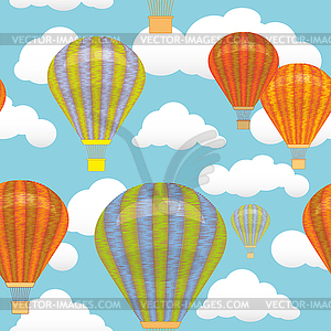 Seamless pattern. Hot air balloon and clouds in sky - vector EPS clipart