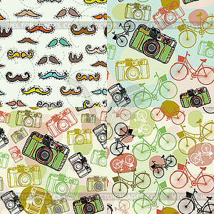 Set of 4 seamless pattern with mustache camera bike - vector image