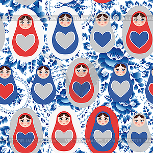 Seamless pattern blue red gray Russian dolls on - stock vector clipart
