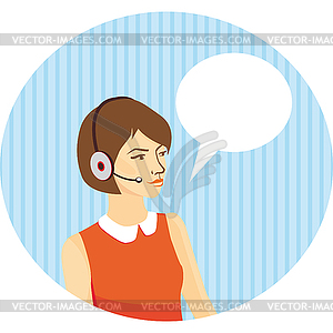 Girl operator in headphones on blue background - vector image