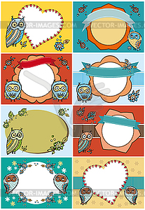 Set of greeting cards. Funny Owl Flowers Vintage - vector image