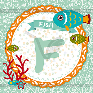 ABC animals: F is fish. Childrens english alphabet - vector EPS clipart