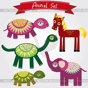 Cute animal set horse, elephant, turtle, dinosaur - vector image