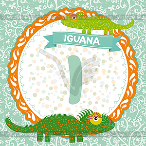 ABC animals I is iguana. Childrens english alphabet - vector image