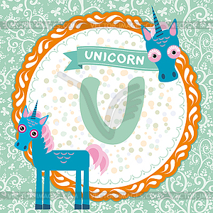 ABC animals U is unicorn. Childrens english alphabet - vector image