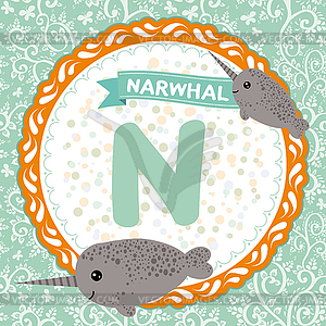 ABC animals N is narwhal. Childrens english alphabet - vector clip art