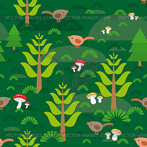 Seamless green background with fir trees mushrooms - color vector clipart