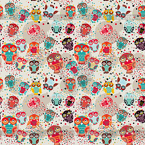 Seamless pattern with colorful owls on cream - vector clipart