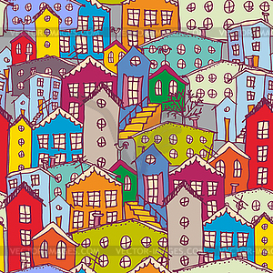 Cityscape seamless pattern. Sketch. orange, blue, - vector image