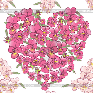 Pink heart of pansies. Seamless background - royalty-free vector image