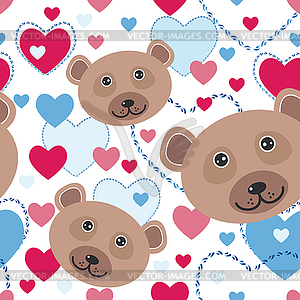 Seamless pattern with funny cute face bear, pink, - vector image