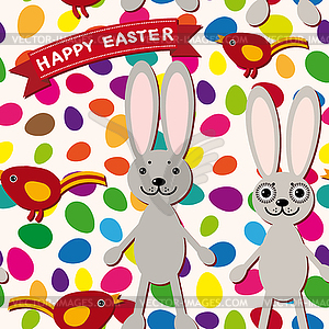 Happy Easter seamless pattern. Rabbit, eggs, bird, - vector clip art