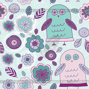 Funny owls leaves and flowers. Purple, pink, mint - vector clip art